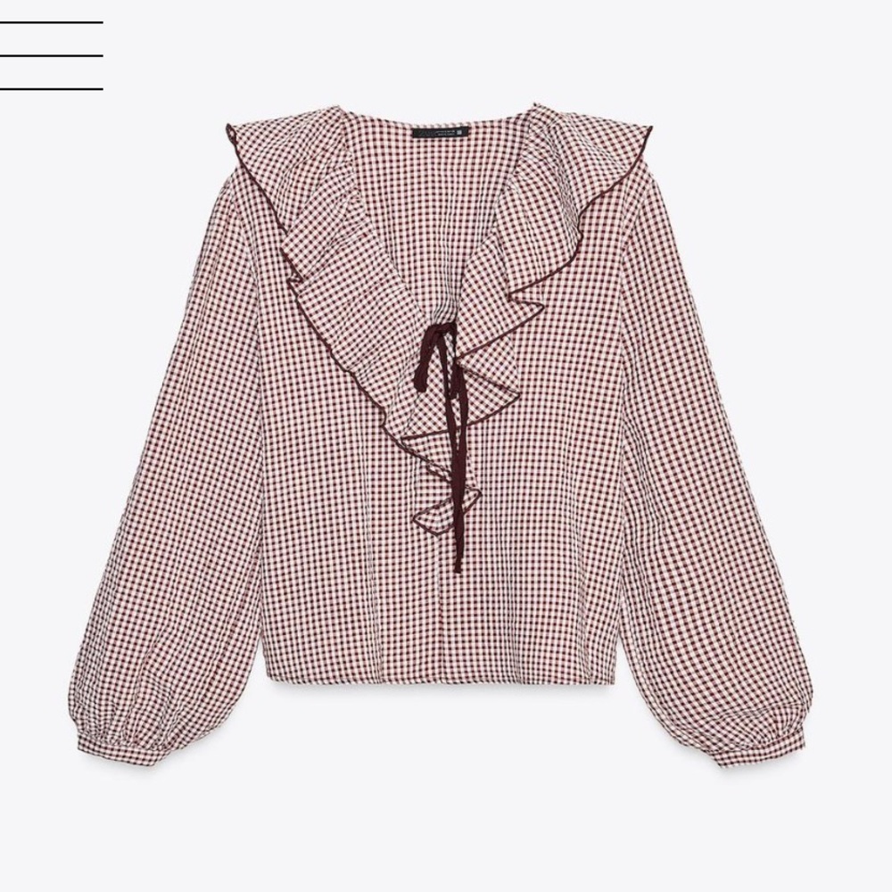 Zara Burgundy Checkered Ruffle Blouse
